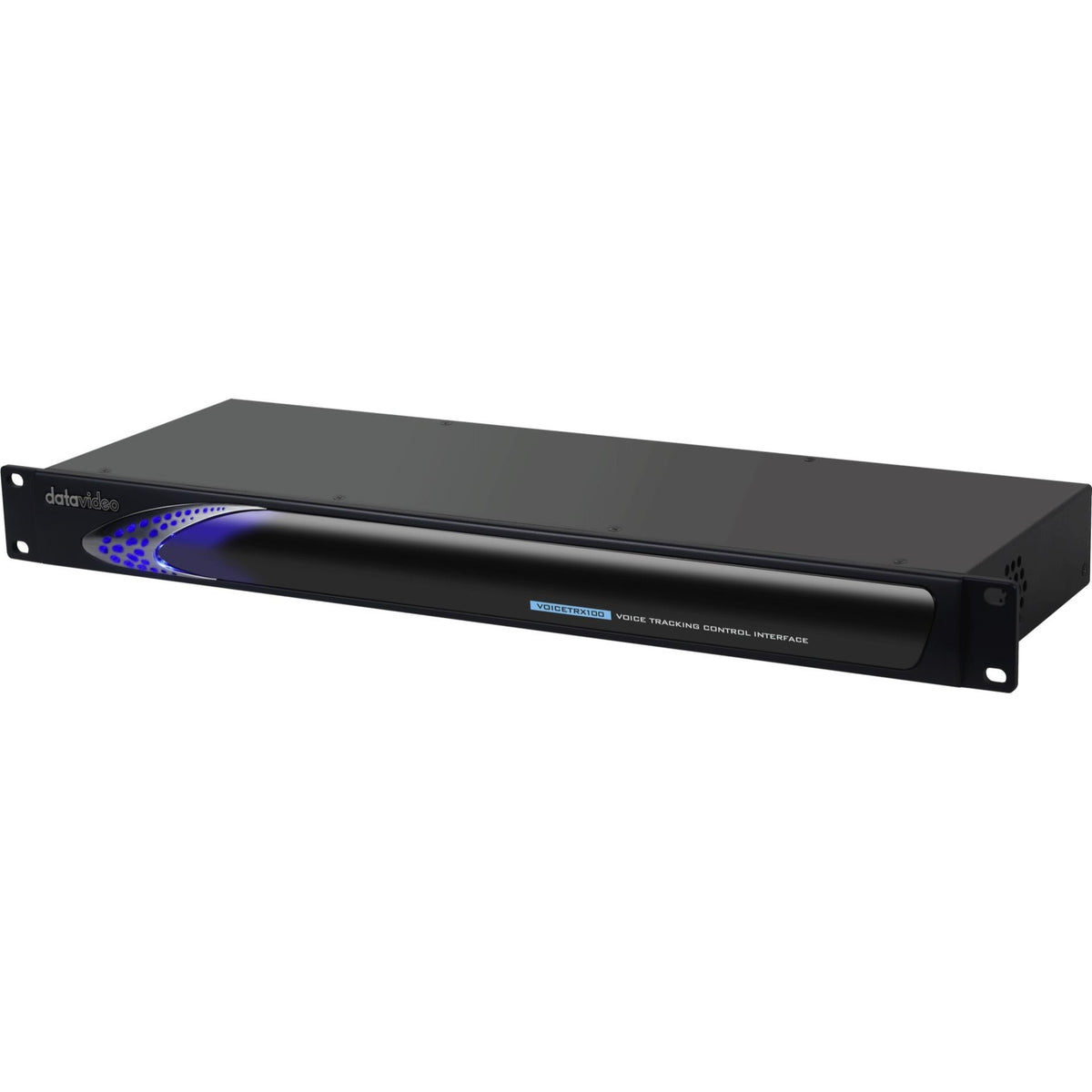 VoiceTRX100 voice tracking PTZ control interface angled front view showing blue LED accent strip on 1RU rack chassis, DataVideo