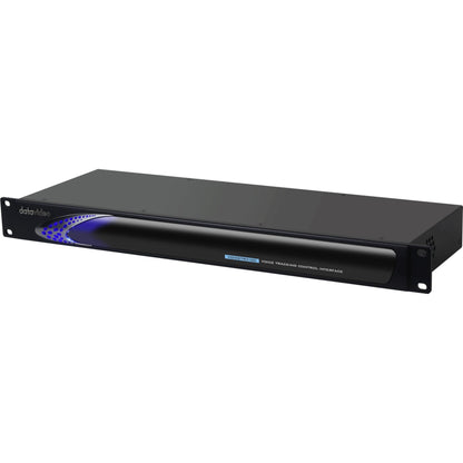 VoiceTRX100 voice tracking PTZ control interface angled front view showing blue LED accent strip on 1RU rack chassis, DataVideo