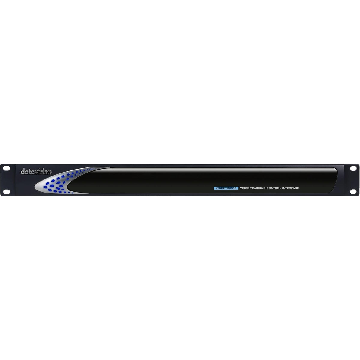 VoiceTRX100 front panel straight-on view with rack ears and Voice Tracking Control Interface badge, DataVideo
