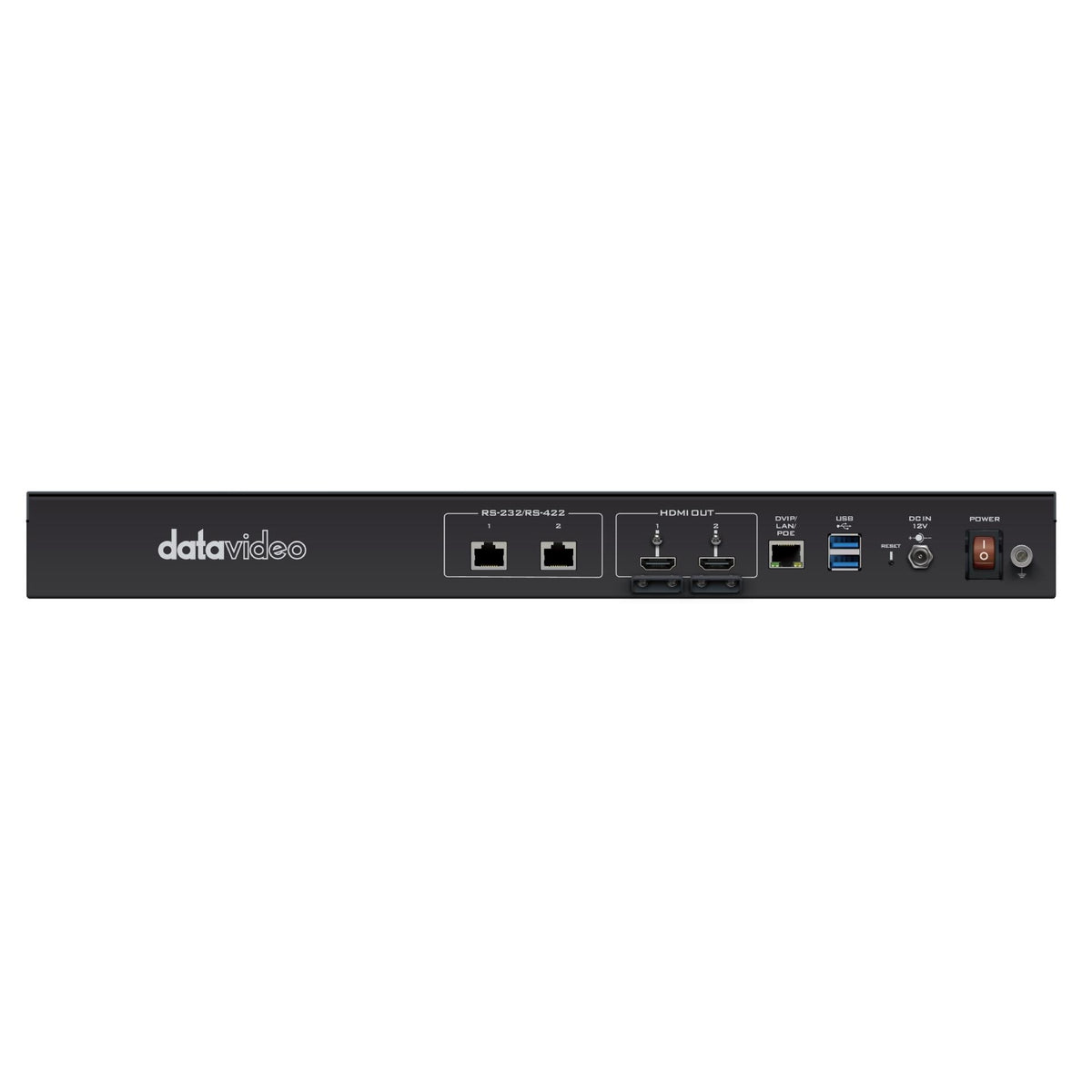 VoiceTRX100 rear panel with dual RS-232/RS-422 ports, two HDMI outputs, DVIP/LAN PoE, USB and 12V DC in, DataVideo