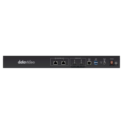 VoiceTRX100 rear panel with dual RS-232/RS-422 ports, two HDMI outputs, DVIP/LAN PoE, USB and 12V DC in, DataVideo