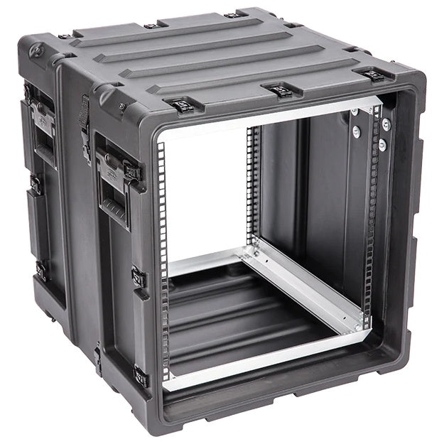 3RS-11U20-22B 11U shockproof rack case angled view with front lid removed showing threaded rack rails, SKB