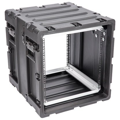 3RS-11U20-22B 11U shockproof rack case angled view with front lid removed showing threaded rack rails, SKB