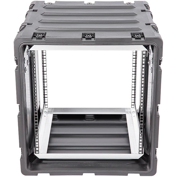 3RS-11U20-22B 11U rack case straight-on front view into open 19-inch rack rails and shock-mount frame, SKB