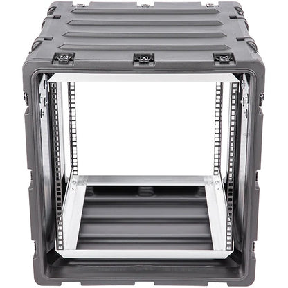 3RS-11U20-22B 11U rack case straight-on front view into open 19-inch rack rails and shock-mount frame, SKB