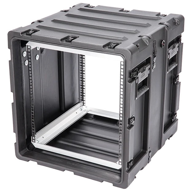 3RS-11U20-22B 11U rack case opposite-angle view showing open rack bay and side latches, SKB