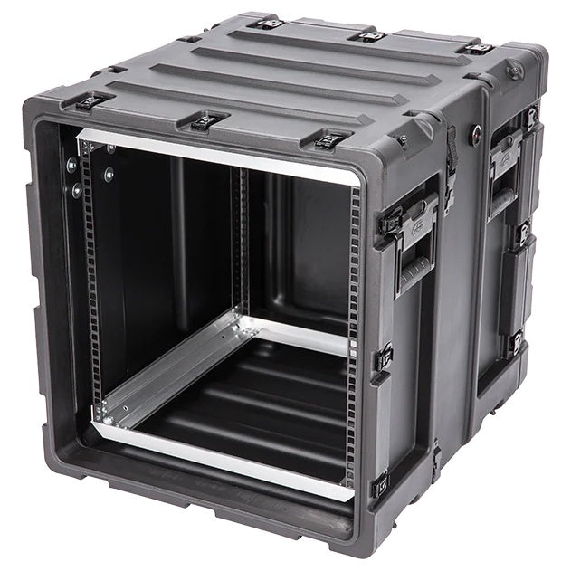 3RS-11U20-22B 11U rack case three-quarter view with side handles and butterfly latches visible, SKB