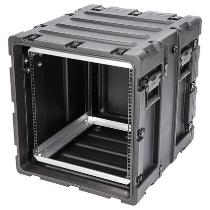 3RS-11U20-22B 11U rack case three-quarter view with side handles and butterfly latches visible, SKB