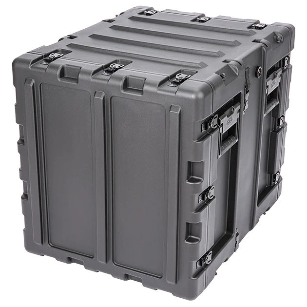 3RS-11U20-22B 11U rack case closed rear three-quarter view showing stacking ribs and side latch hardware, SKB