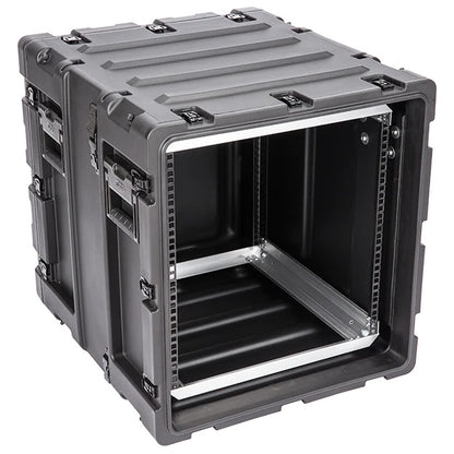 3RS-11U20-22B 11U rack case open angled view highlighting shock-isolated rack frame inside black shell, SKB