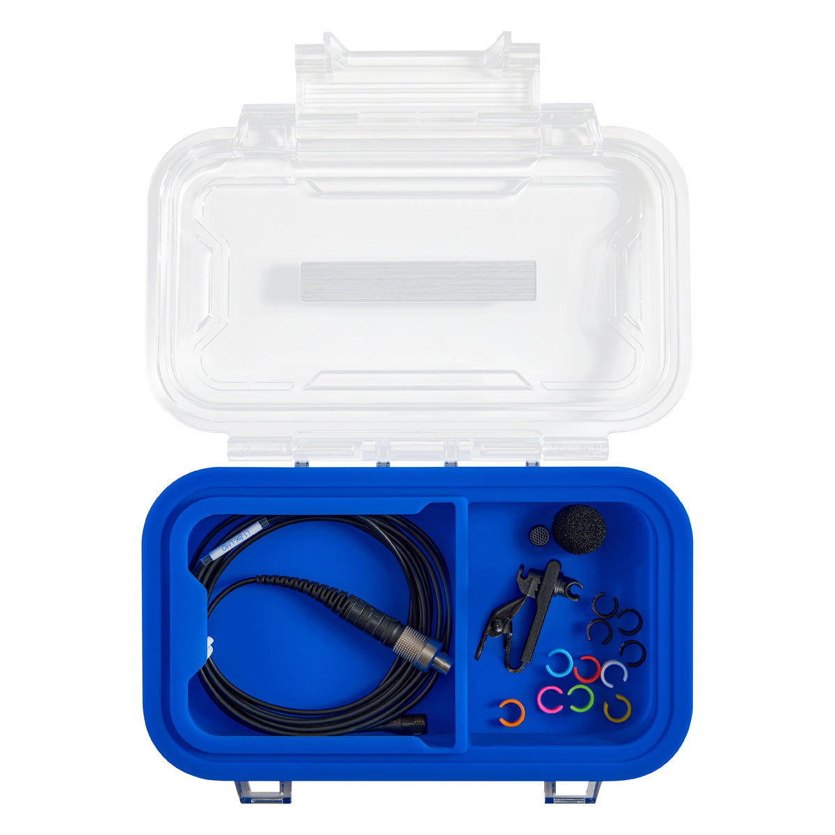 L1 Sonaura lavalier full kit in open blue case showing coiled mic cable, clip, windscreen and colored ID rings, Lectrosonics