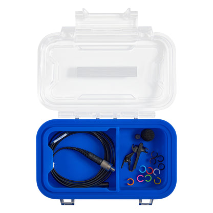 L1 Sonaura lavalier full kit in open blue case showing coiled mic cable, clip, windscreen and colored ID rings, Lectrosonics