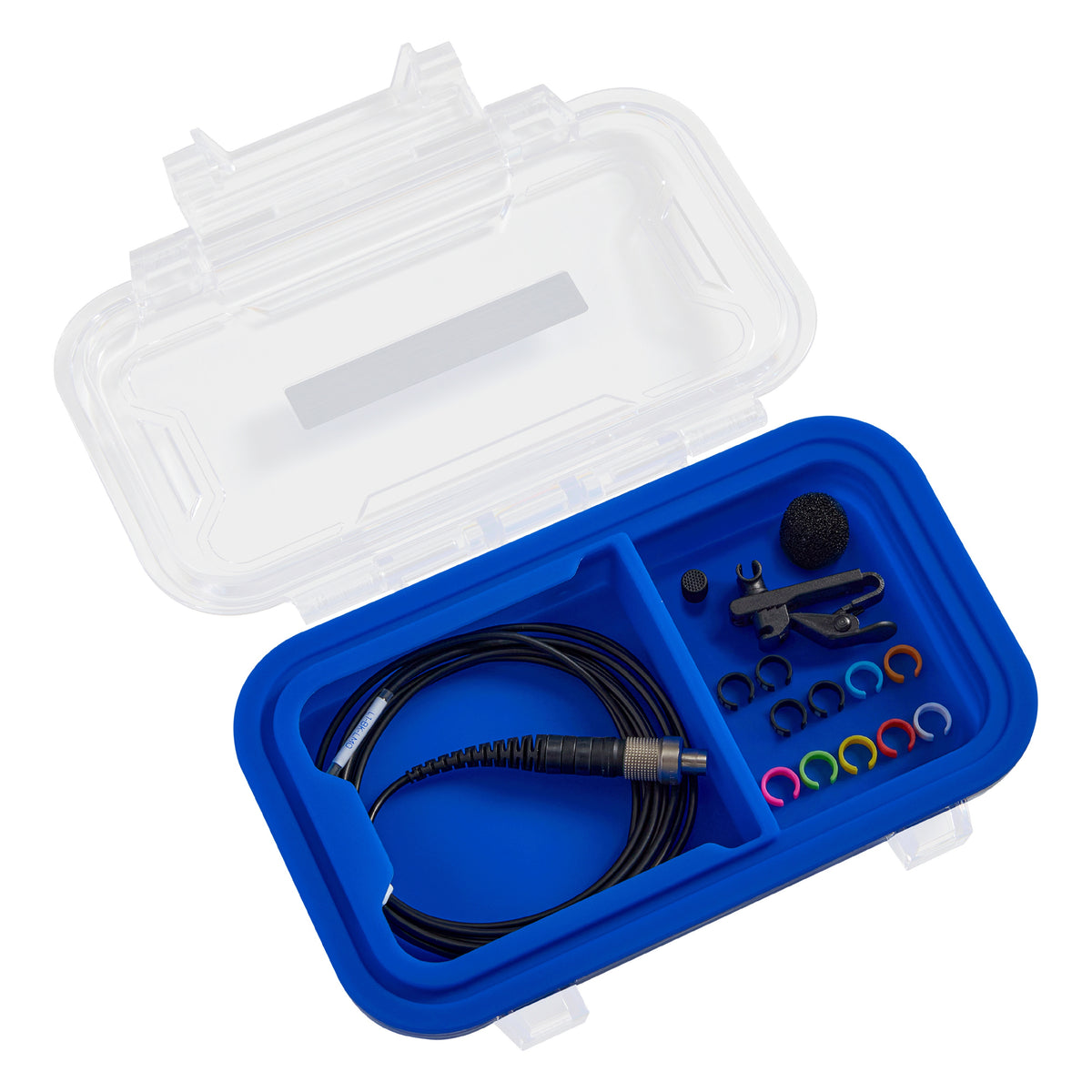 L1 Sonaura lavalier kit three-quarter view of open case with clip, windscreen and color ID rings in compartments, Lectrosonics