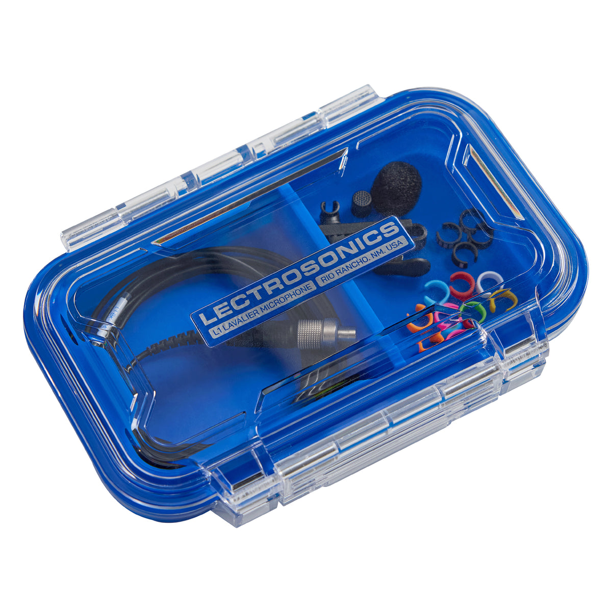 L1 Sonaura lavalier kit case closed, three-quarter view through clear lid with branded insert label, Lectrosonics