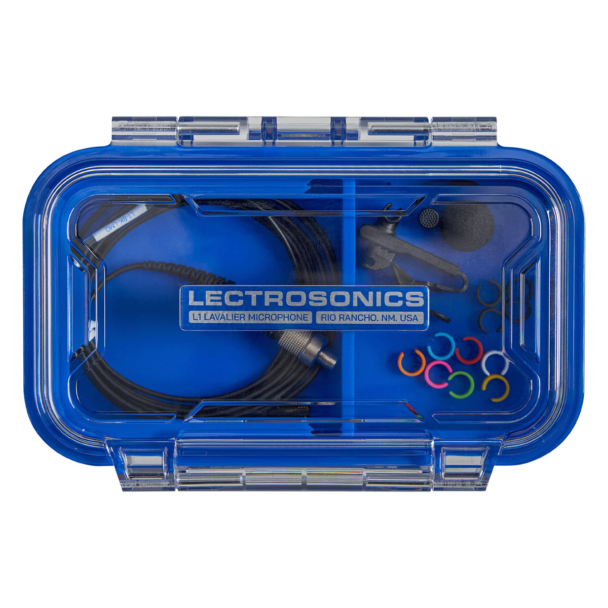 L1 Sonaura lavalier kit closed case top view with LECTROSONICS L1 label and visible accessories, Lectrosonics