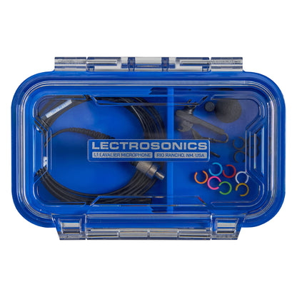 L1 Sonaura lavalier kit closed case top view with LECTROSONICS L1 label and visible accessories, Lectrosonics