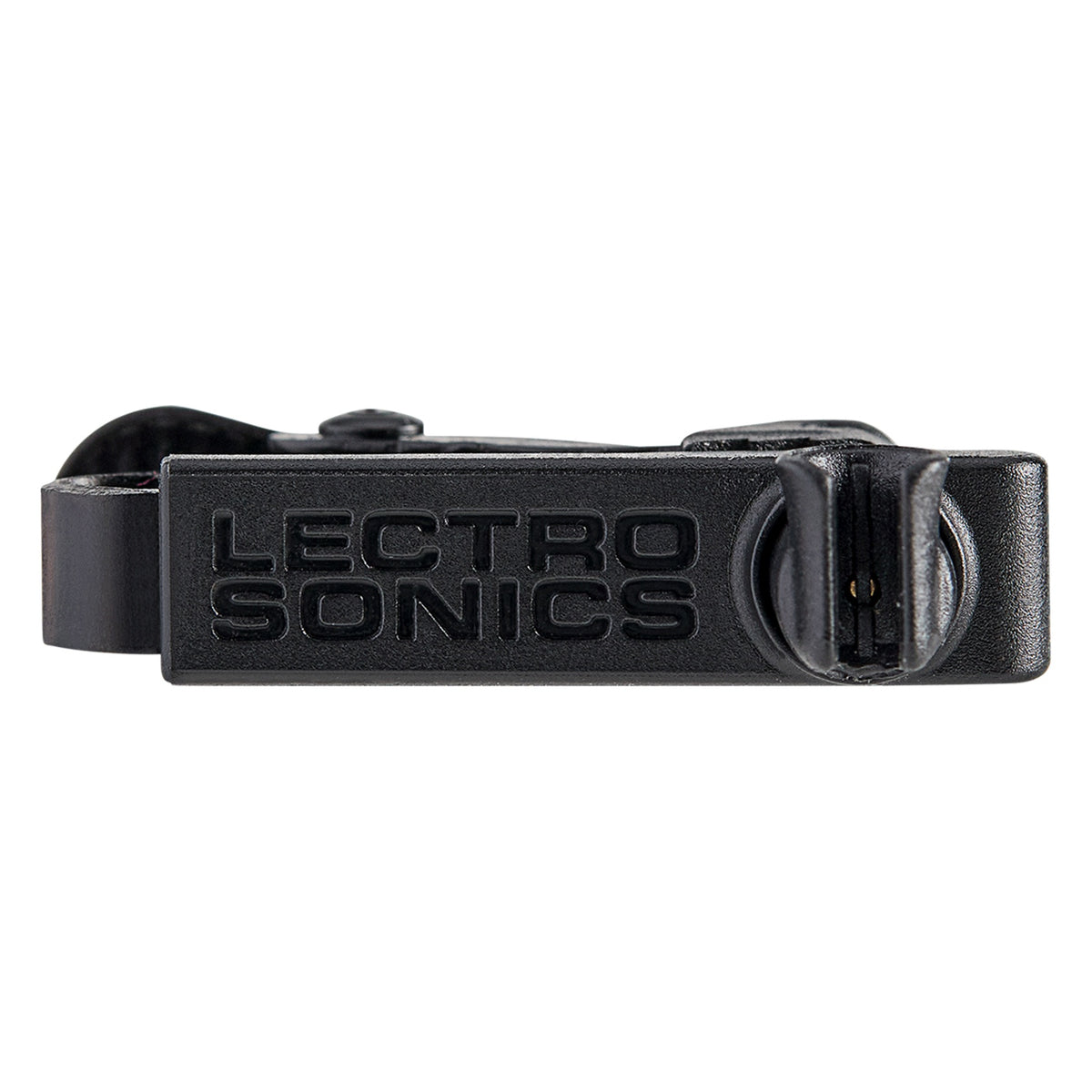L1 Sonaura lavalier mic clip side profile with embossed logo bar, Lectrosonics