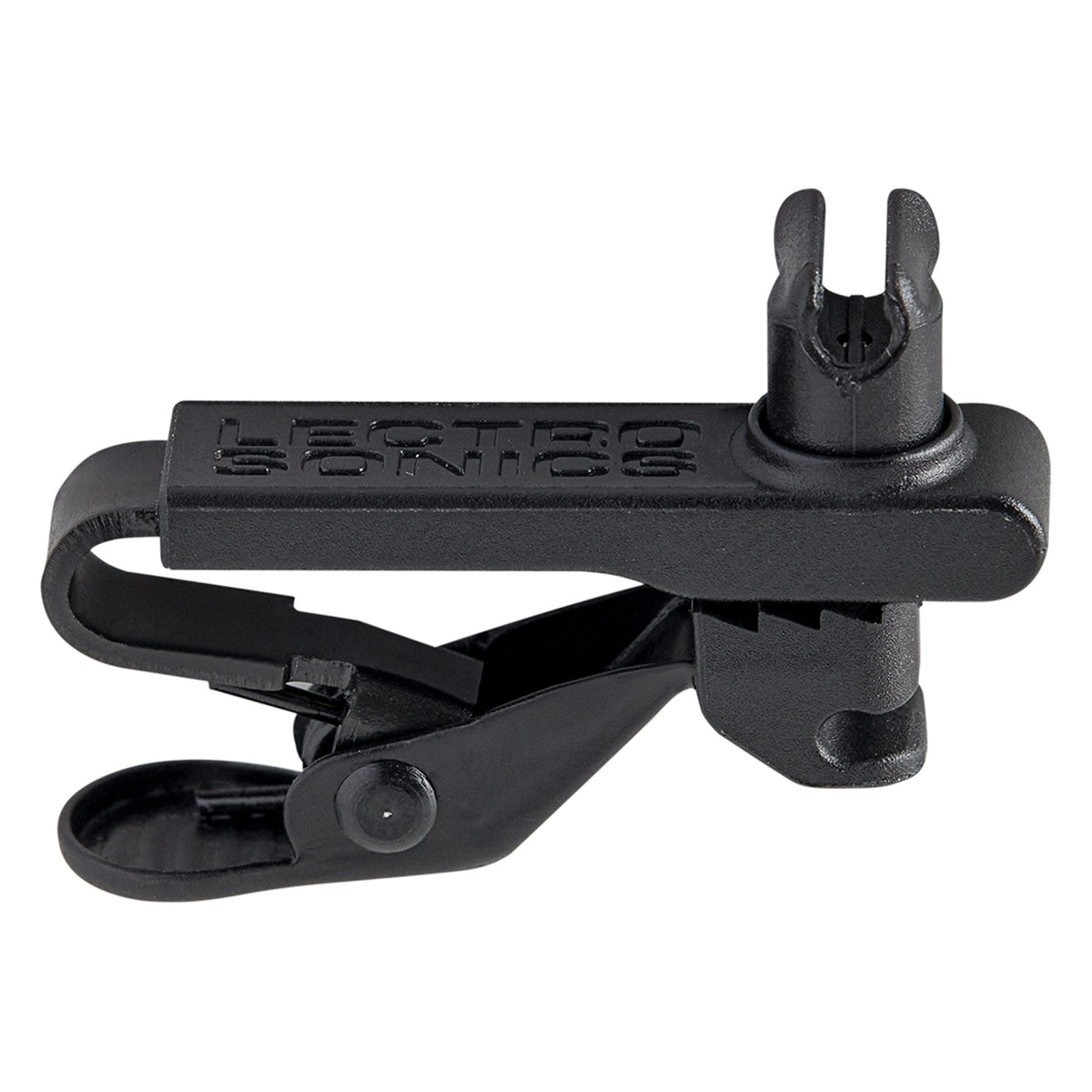 L1 Sonaura dual-mount lavalier clip angled view showing hinged jaw and capsule holder, Lectrosonics