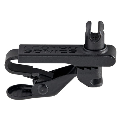 L1 Sonaura dual-mount lavalier clip angled view showing hinged jaw and capsule holder, Lectrosonics
