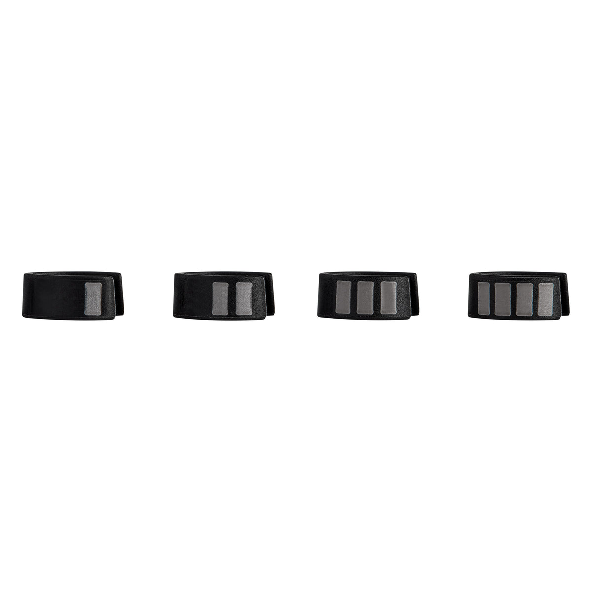 L1 Sonaura stripe ID rings side view showing graduated white stripe counts, Lectrosonics