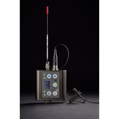L1 Sonaura lavalier connected to DBSM belt-pack transmitter showing OLED frequency display and whip antenna, Lectrosonics