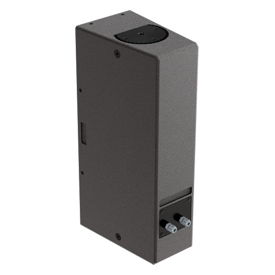 IS25T-WP three-quarter rear view showing recessed terminal plate with two screw connectors and side handle recess, dBTechnologies