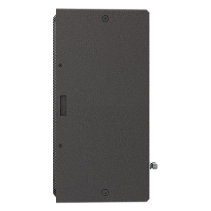IS25T-WP side profile showing shallow cabinet depth, integrated handle recess and bracket mounting hardware, dBTechnologies