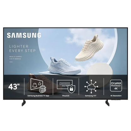 BE43HX-H 43" commercial display front view with feature overlay for Samsung Business TV App, Playlock, Samsung VXT and Crystal Processor 4K, Samsung