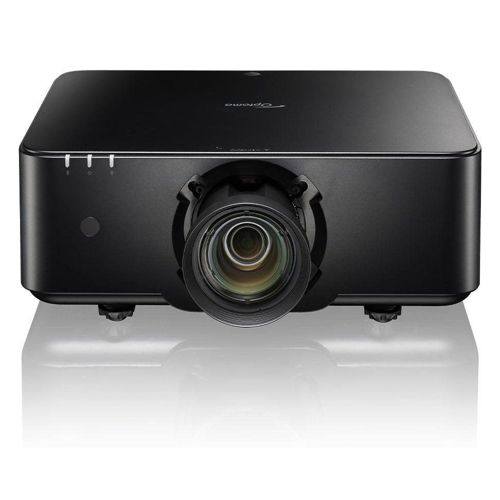 ZK1000 laser projector front view with lens fitted, three status LEDs and IR sensor on the black chassis, Optoma