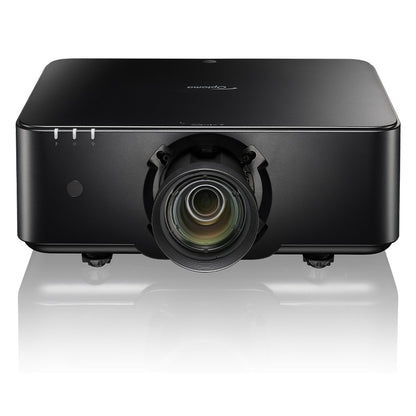 ZK1000 laser projector front view with lens fitted, three status LEDs and IR sensor on the black chassis, Optoma