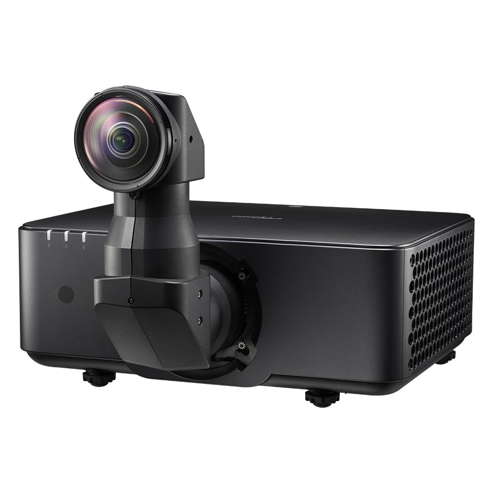 ZK1000 laser projector angled view with ultra-wide periscope-style lens attachment mounted and side ventilation grille visible, Optoma