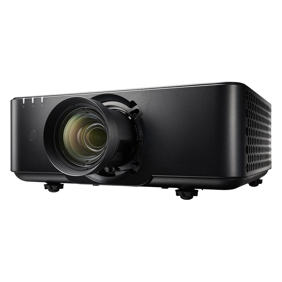 ZK1000 laser projector three-quarter view showing zoom lens, status LEDs and perforated side vent, Optoma