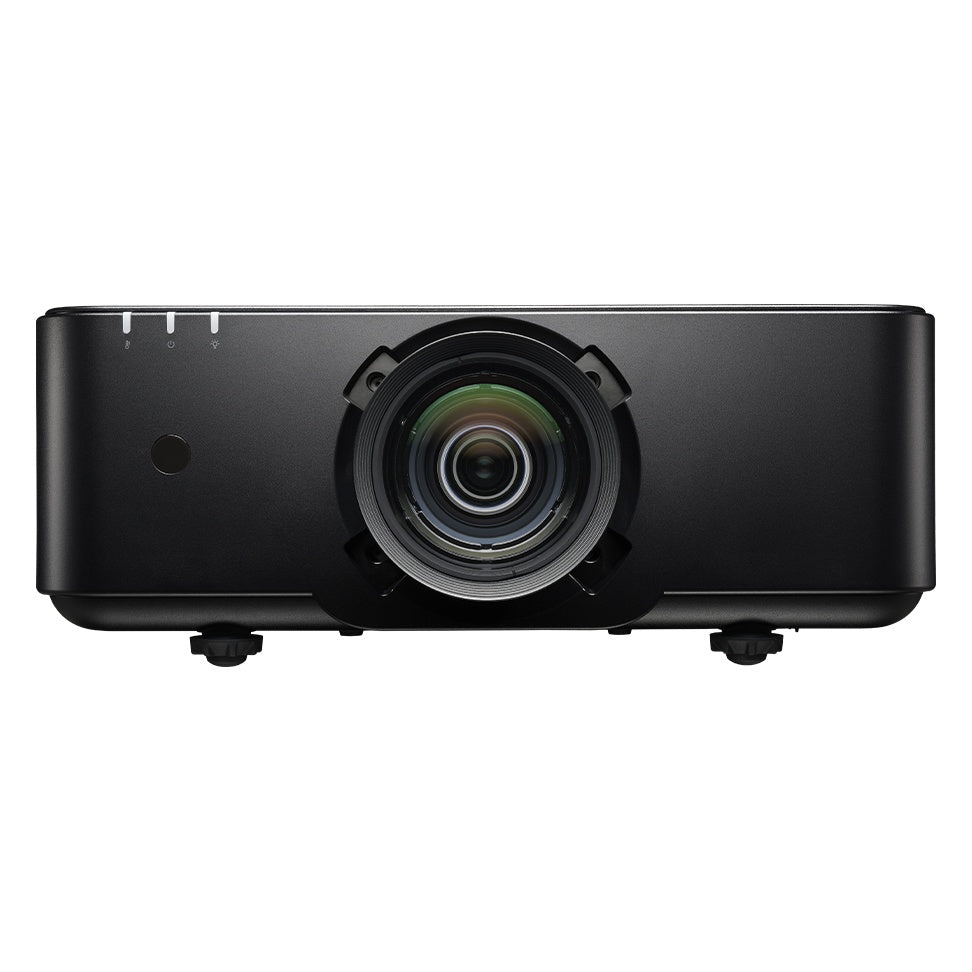 ZK1000 laser projector straight-on front view with lens mount, status indicators and adjustable feet, Optoma