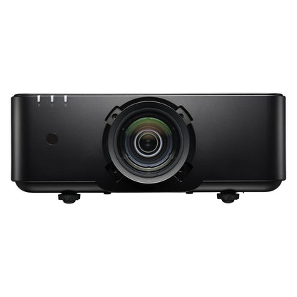 ZK1000 laser projector straight-on front view with lens mount, status indicators and adjustable feet, Optoma