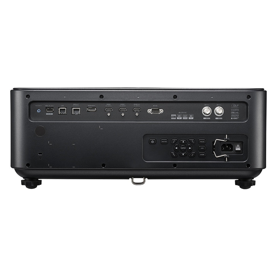 ZK1000 laser projector rear panel showing HDMI, DisplayPort, HDBaseT, LAN, RS-232 and 3D sync BNC inputs with control keypad and AC inlet, Optoma