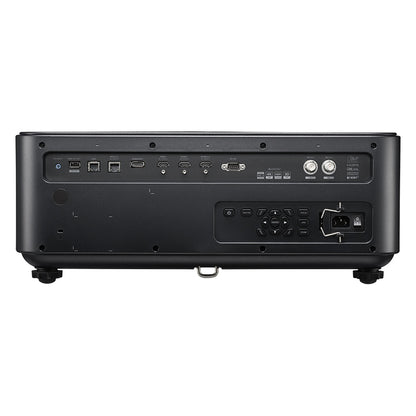 ZK1000 laser projector rear panel showing HDMI, DisplayPort, HDBaseT, LAN, RS-232 and 3D sync BNC inputs with control keypad and AC inlet, Optoma