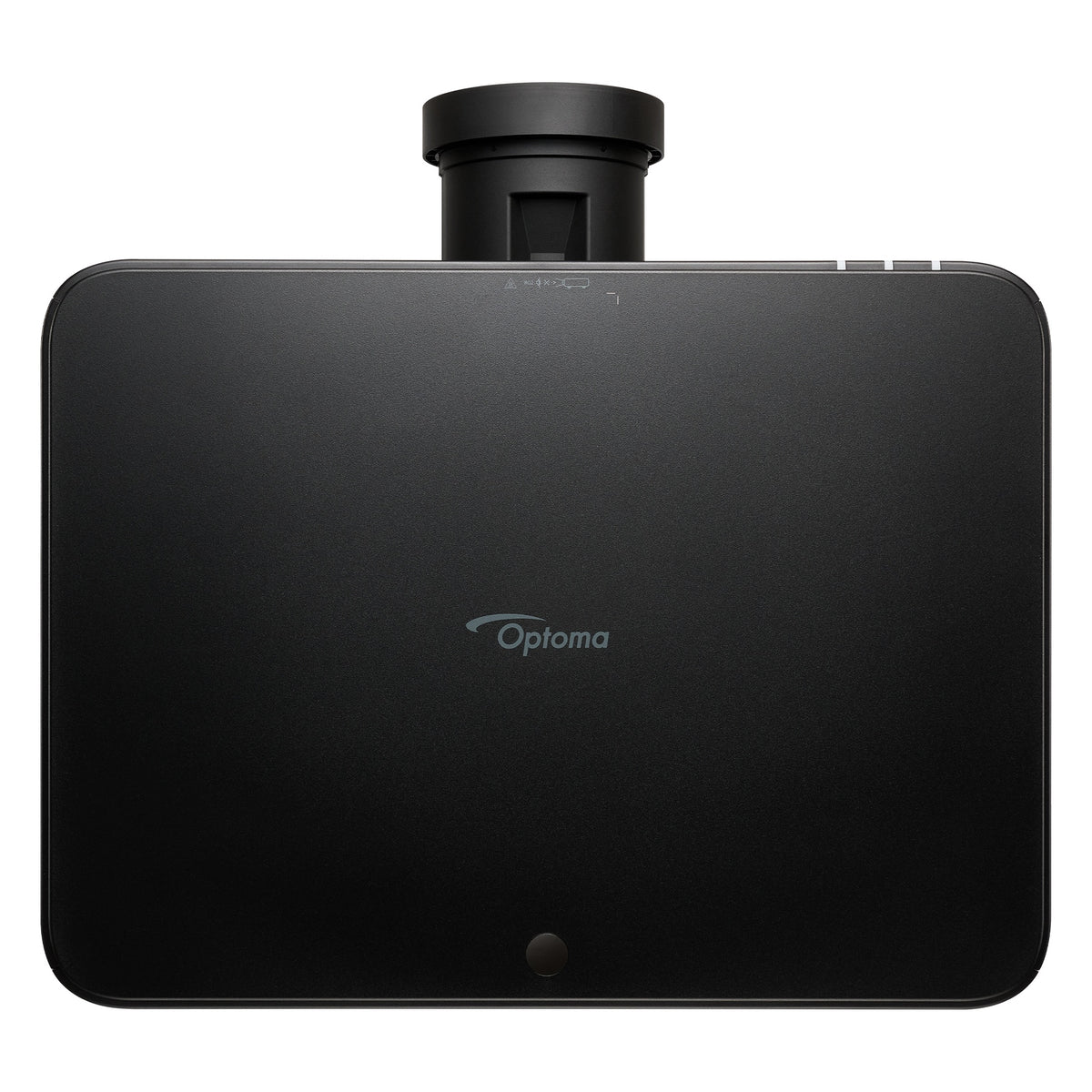 ZK1000 laser projector top view showing Optoma logo on the chassis and lens barrel protruding from the front, Optoma