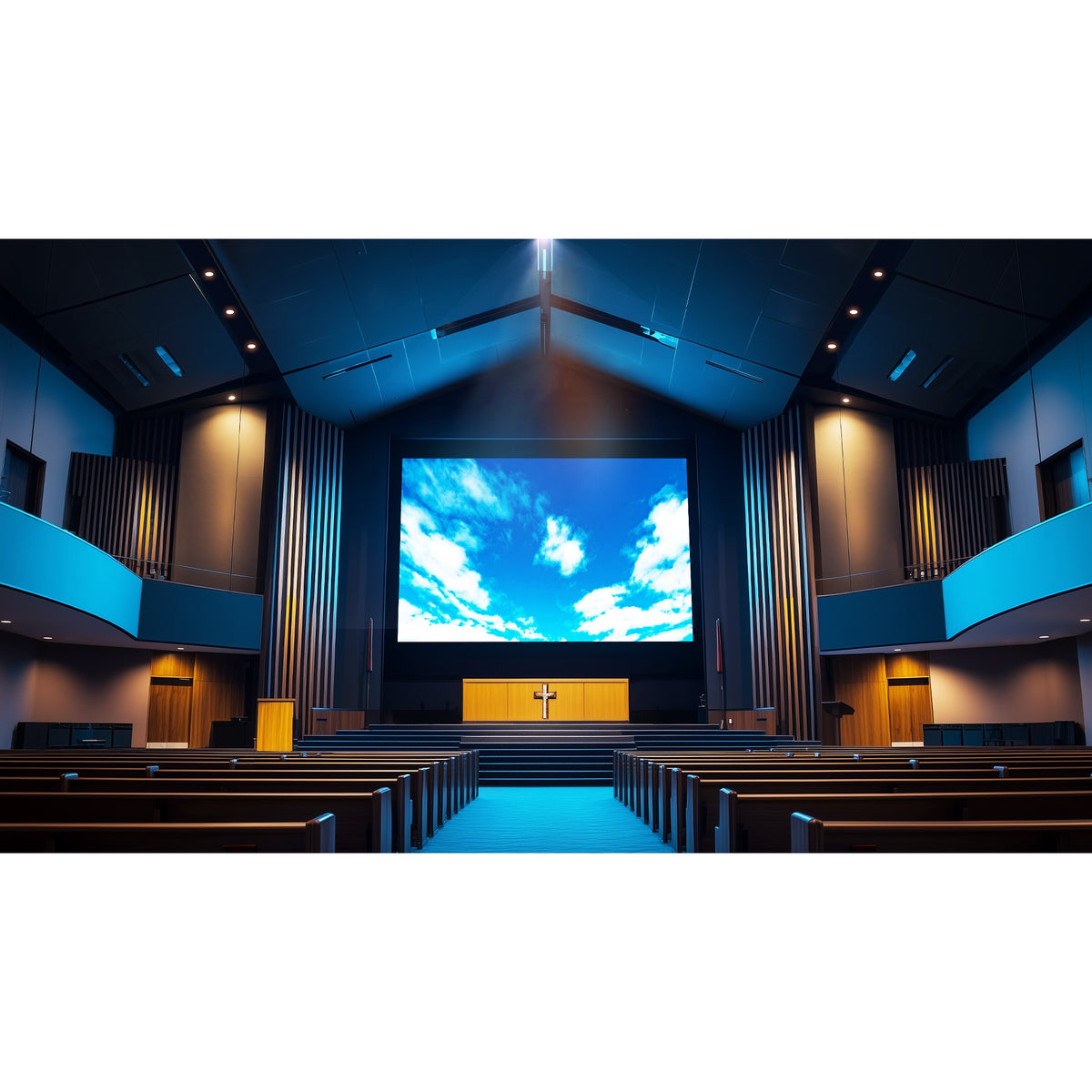 ZK1000 laser projector application in a church sanctuary with large cloud-sky image on the front screen above the stage and cross, Optoma