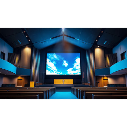 ZK1000 laser projector application in a church sanctuary with large cloud-sky image on the front screen above the stage and cross, Optoma