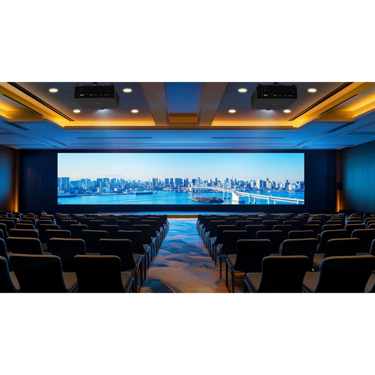 ZK1000 laser projectors ceiling-mounted in a conference hall projecting a wide blended city skyline panorama, Optoma