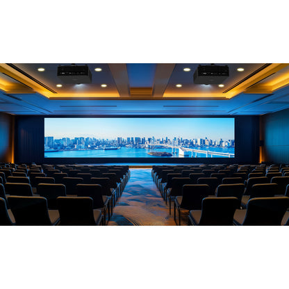 ZK1000 laser projectors ceiling-mounted in a conference hall projecting a wide blended city skyline panorama, Optoma