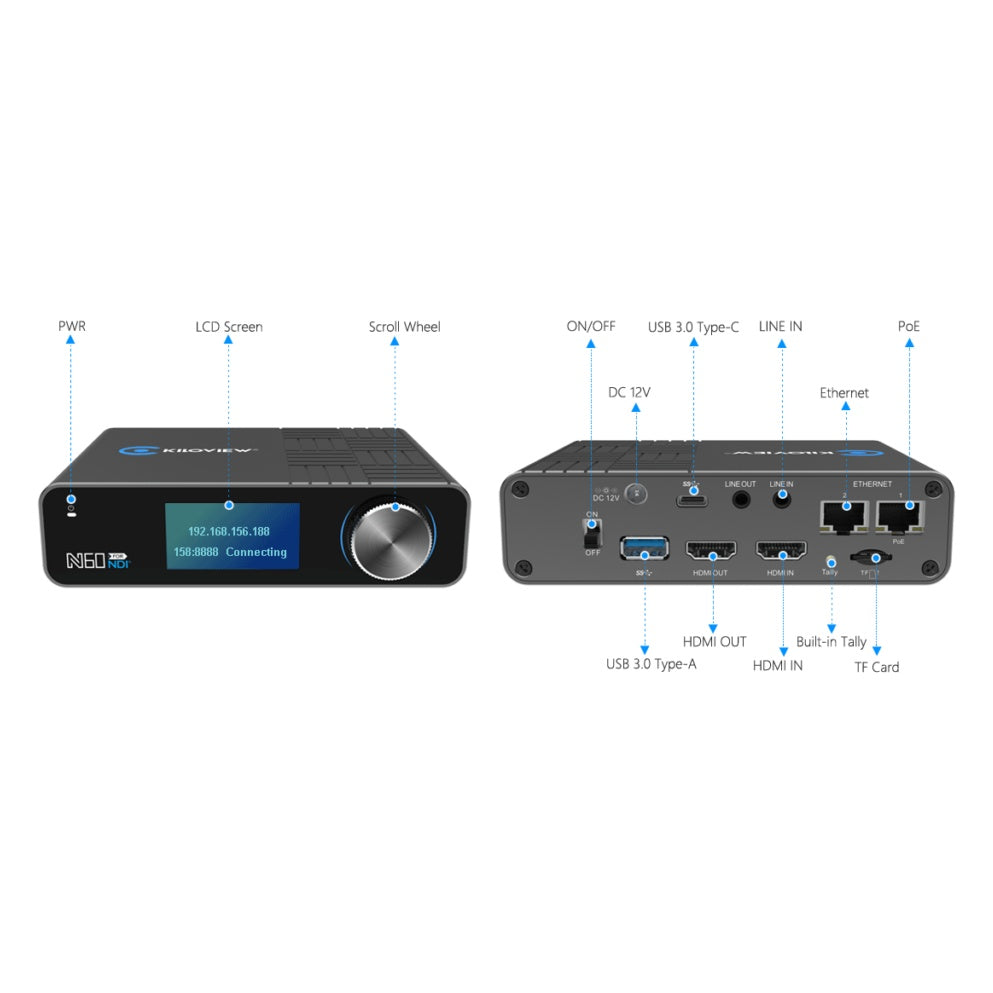KVW-N60 front and rear panel wiring diagram with labelled PWR, LCD screen, scroll wheel, HDMI IN/OUT, USB 3.0, LINE IN, dual Ethernet with PoE and TF card slot, Kiloview