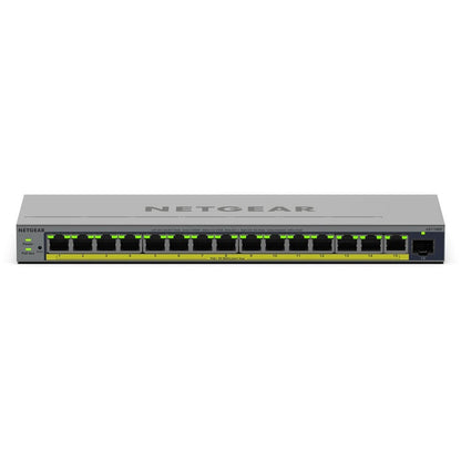 GS116EP 16-port PoE+ smart switch front view showing 15 numbered RJ45 ports with green link LEDs and one SFP uplink port, NETGEAR