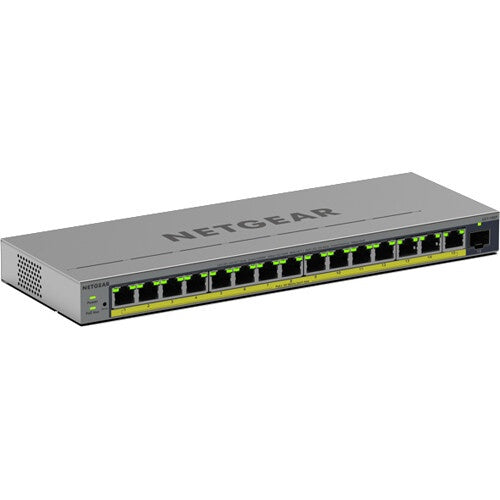 GS116EP 16-port PoE+ smart switch angled three-quarter view showing front port row with yellow PoE+ marking and side ventilation grille, NETGEAR