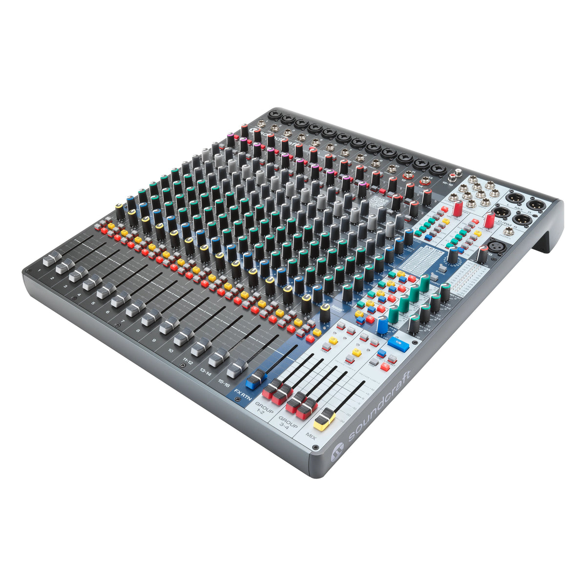 Signature Plus 16 analog mixer three-quarter view from the left showing 16 channel faders, rear input jacks and the FX RTN, Group 1-2, Group 3-4 and Mix faders, Soundcraft