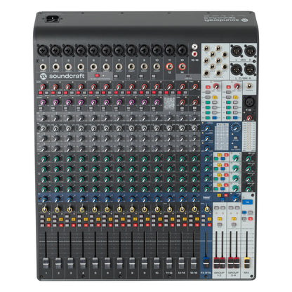 Signature Plus 16 analog mixer top-down view showing combo XLR inputs, color-coded channel knobs, Lexicon effects section and master faders, Soundcraft