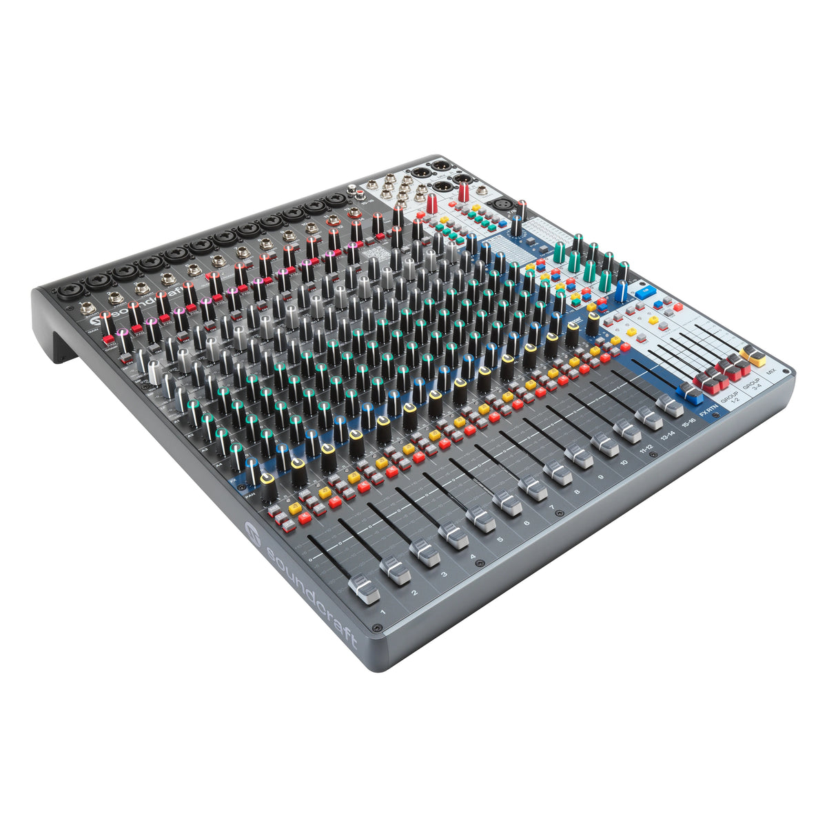 Signature Plus 16 analog mixer angled view from the front left showing channel 1 fader, Soundcraft logo on the front edge and mic preamp inputs along the back, Soundcraft