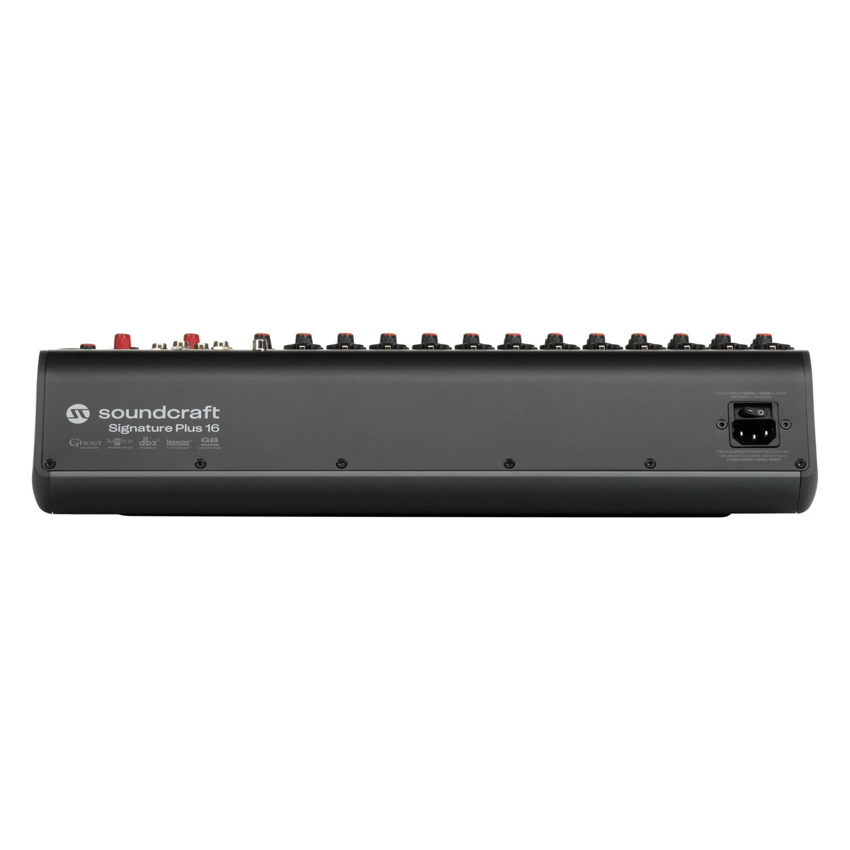 Signature Plus 16 analog mixer rear panel showing IEC power inlet with power switch and a row of insert and output jacks, Soundcraft
