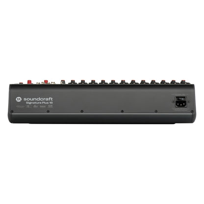 Signature Plus 16 analog mixer rear panel showing IEC power inlet with power switch and a row of insert and output jacks, Soundcraft