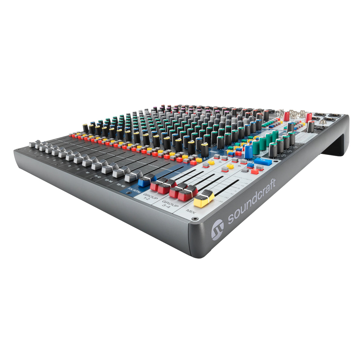 Signature Plus 16 analog mixer low-angle view from the right showing Group 1-2, Group 3-4 and Mix faders with color-coded EQ knobs and the Soundcraft logo on the side, Soundcraft